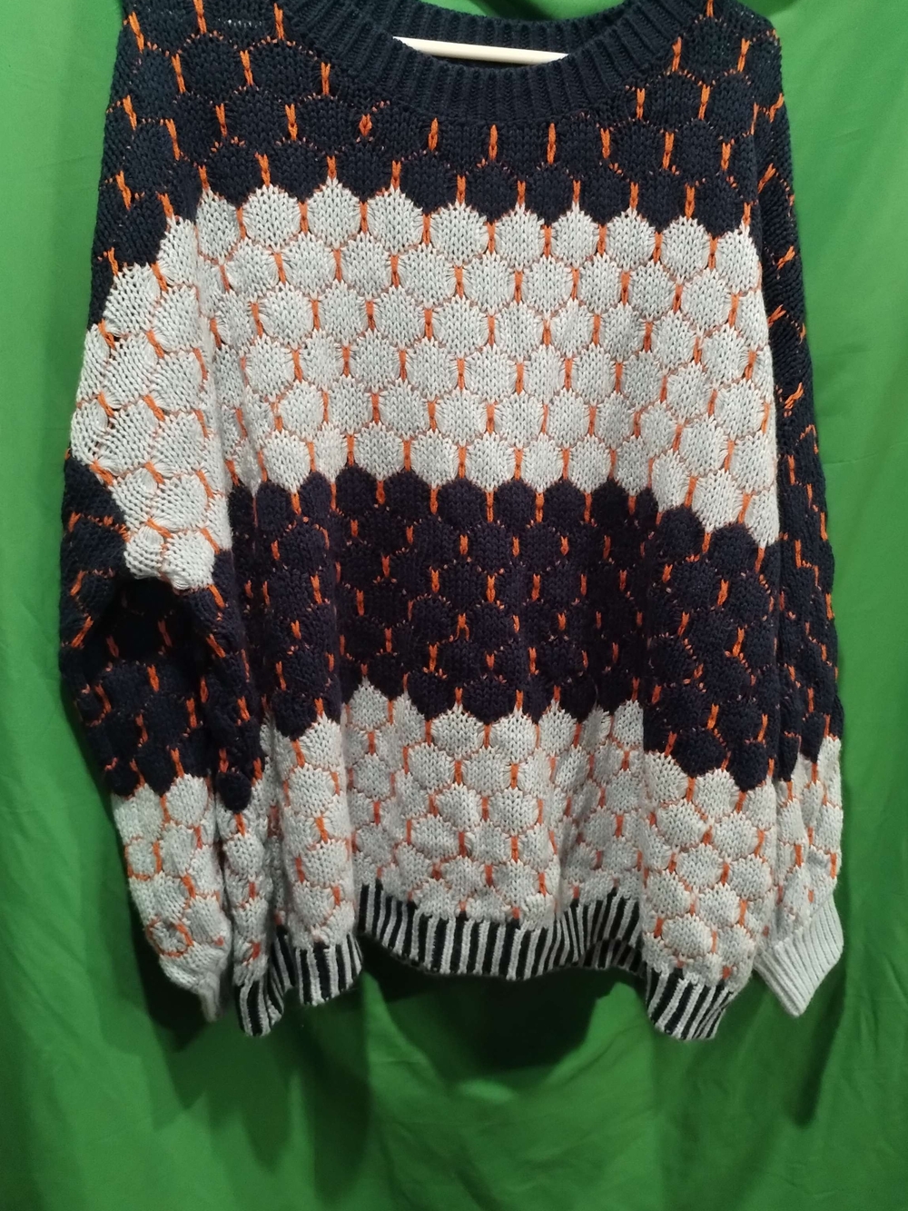 Womens Navy, White & Orange Knit Bubble-Stitch Sweater